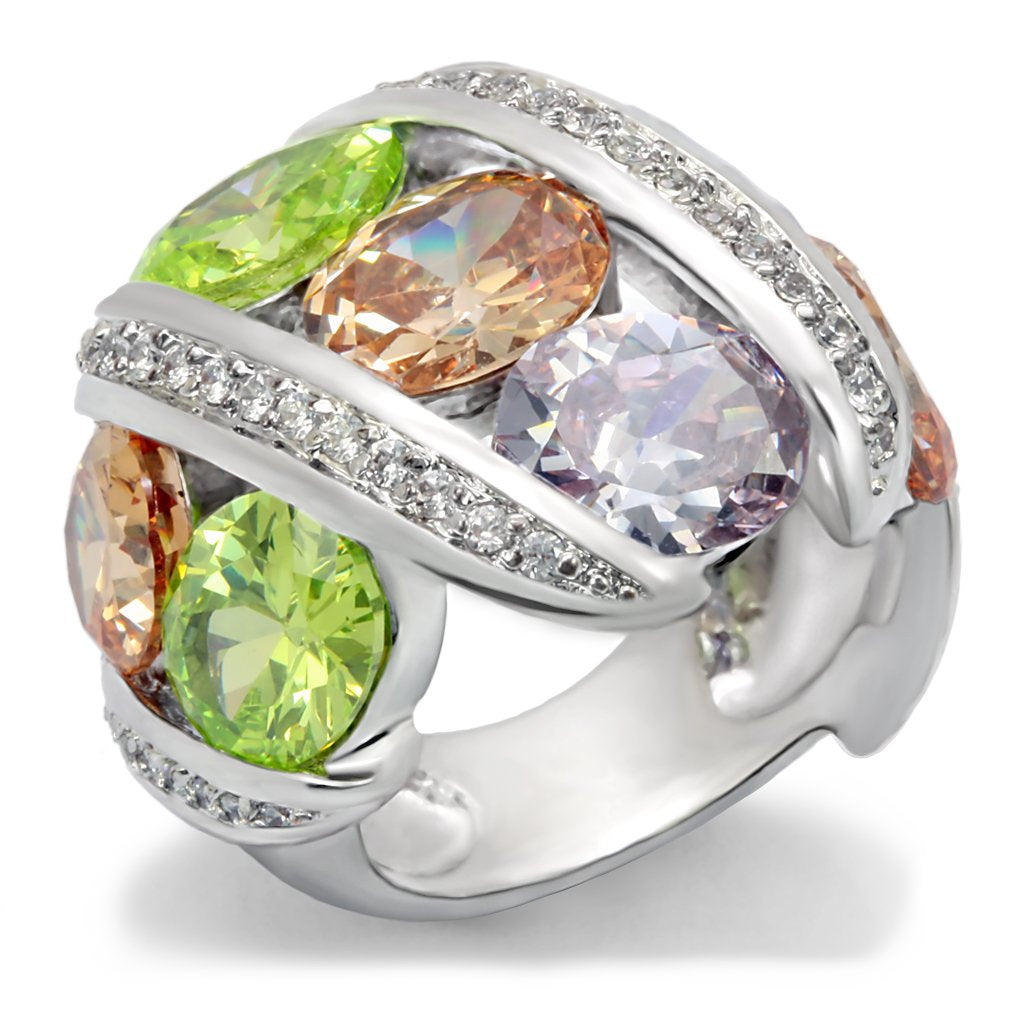 JCE019 Rhodium Brass Ring with AAA Grade CZ in Multi Color