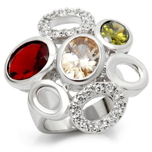 JCE021 Rhodium Brass Ring with AAA Grade CZ in Multi Color