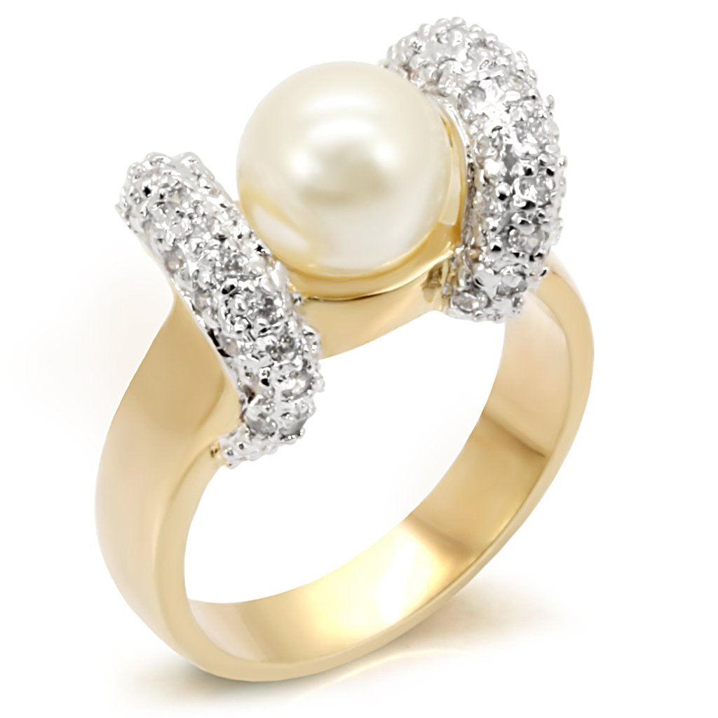 JCE114 Gold+Rhodium Brass Ring with Synthetic Pearl in White
