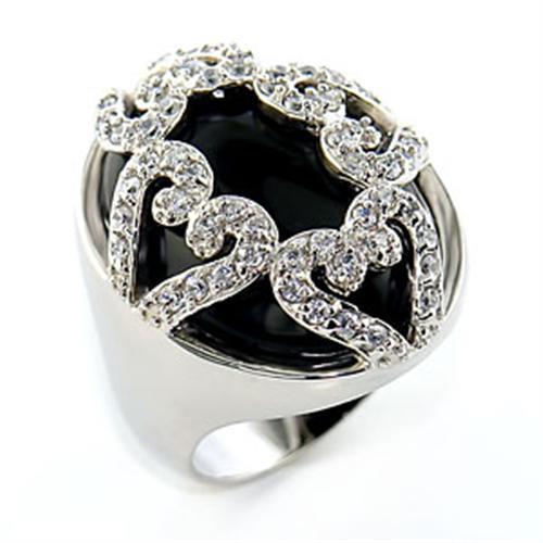 JCE514 Rhodium Brass Ring with Semi-Precious Onyx in Jet