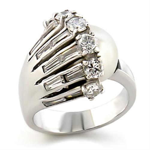 JCE010 Rhodium Brass Ring with Synthetic Pearl in White