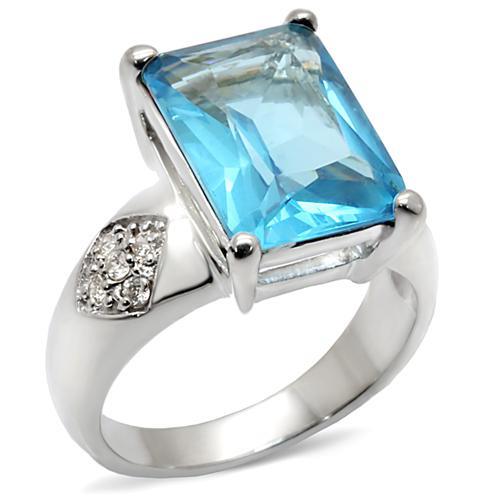 JCE012 Rhodium Brass Ring with Synthetic Synthetic Glass in Sea Blue