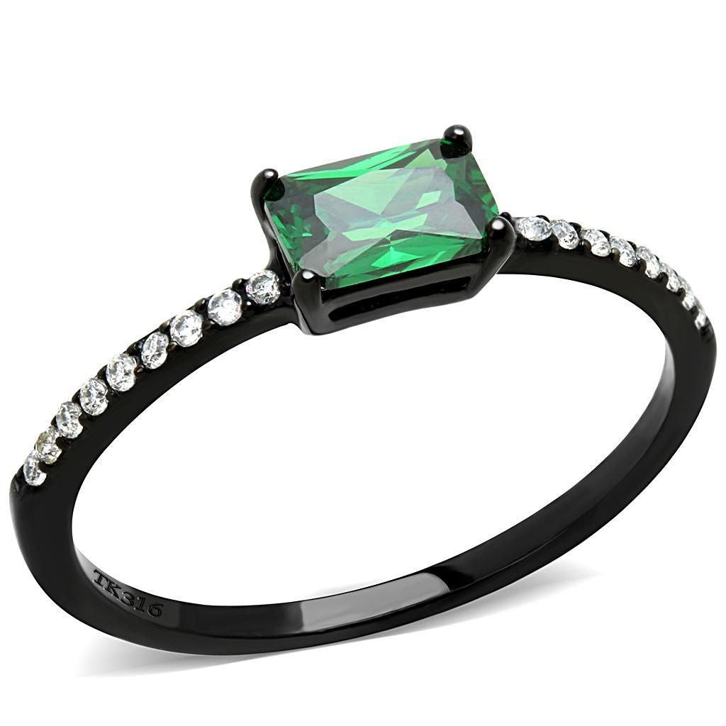 JCE010 IP Black(Ion Plating) Stainless Steel Ring with AAA Grade CZ in Emerald