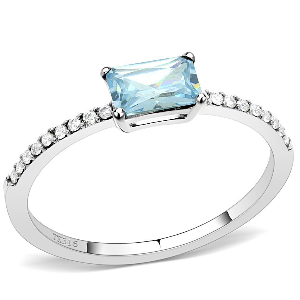 JCE011 High polished (no plating) Stainless Steel Ring with AAA Grade CZ in Sea Blue