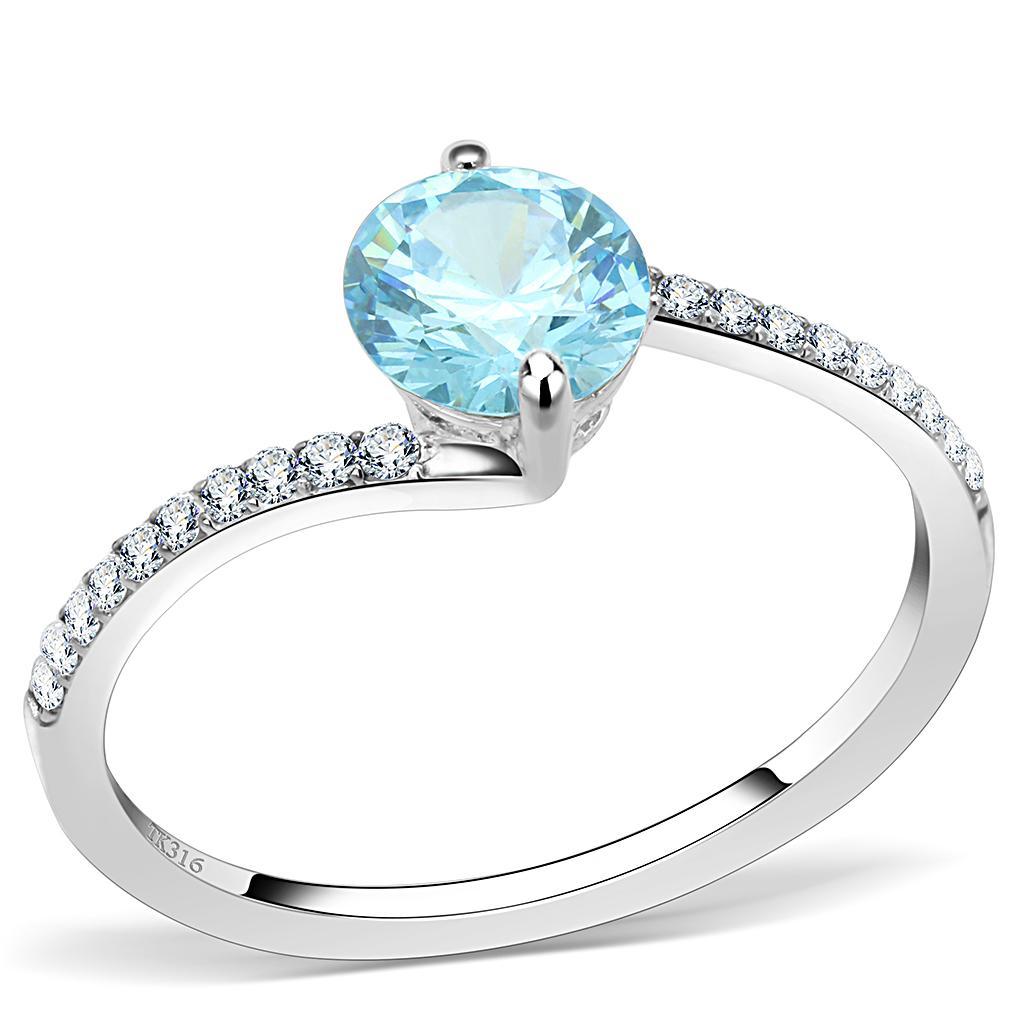 JCE014 High polished (no plating) Stainless Steel Ring with AAA Grade CZ in Sea Blue