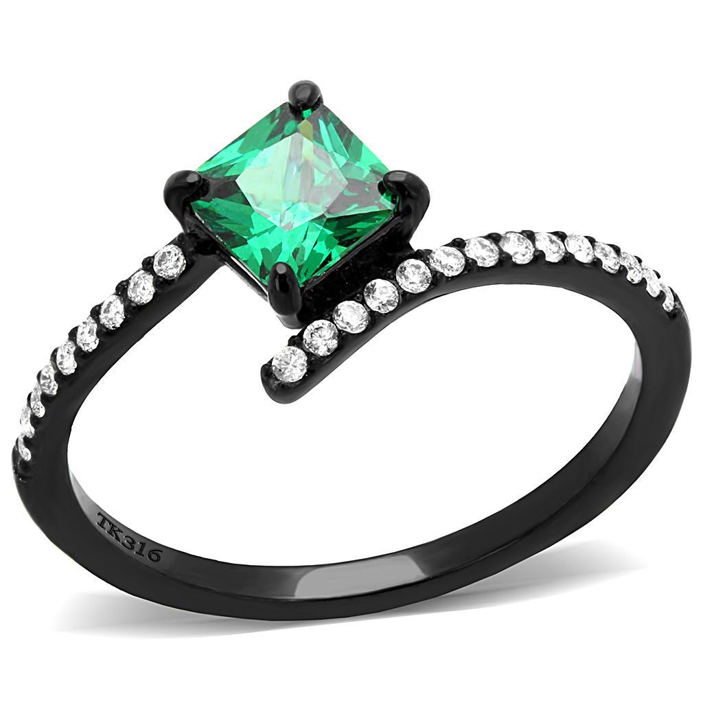 JCE017 IP Black(Ion Plating) Stainless Steel Ring with AAA Grade CZ in Emerald