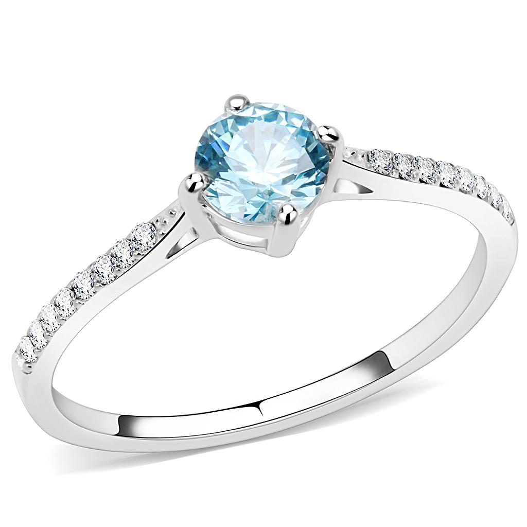 JCE019 High polished (no plating) Stainless Steel Ring with AAA Grade CZ in Sea Blue