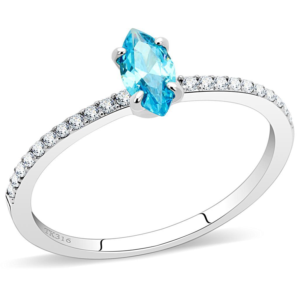 JCE034 High polished (no plating) Stainless Steel Ring with AAA Grade CZ in Sea Blue