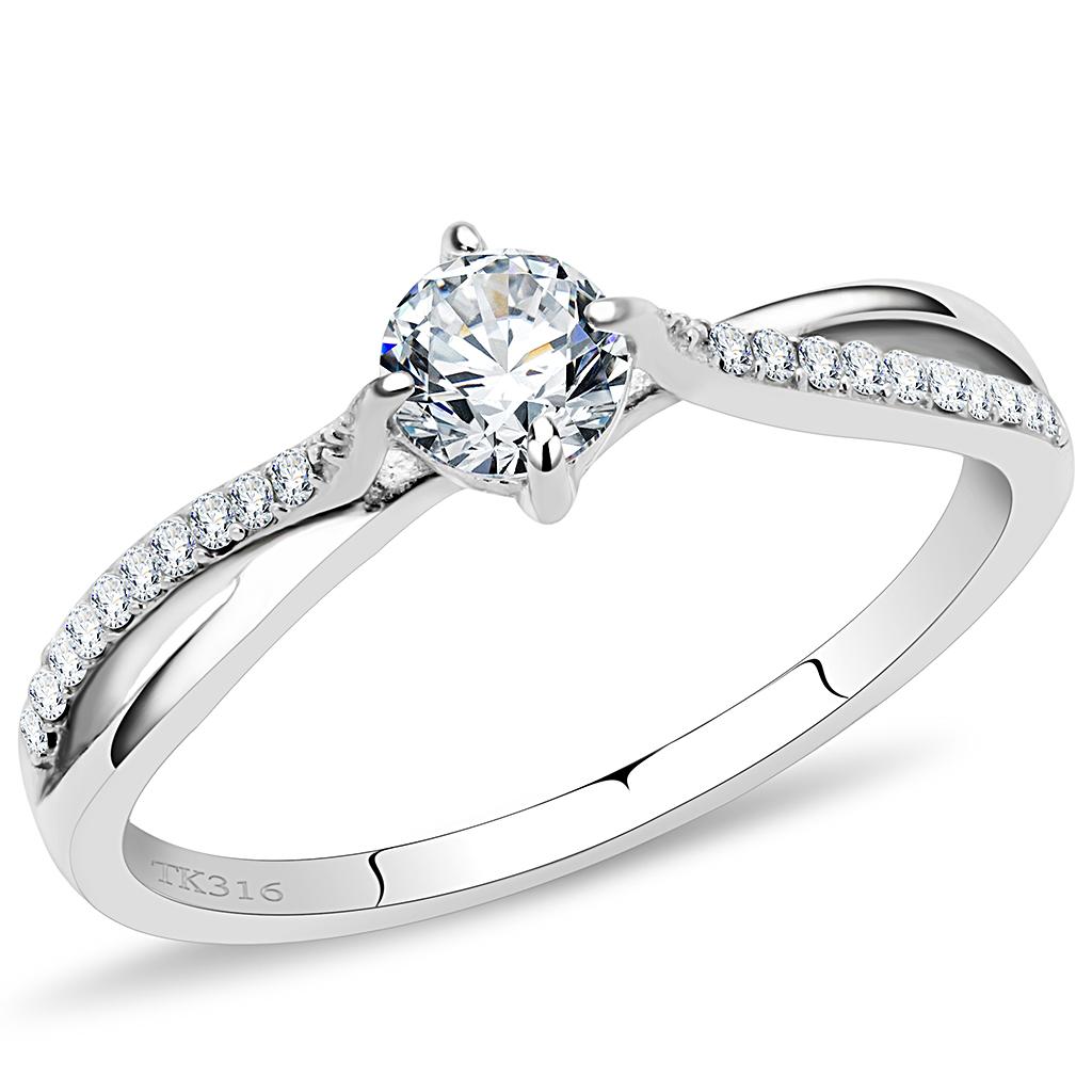 JCE035 High polished (no plating) Stainless Steel Ring with AAA Grade CZ in Clear