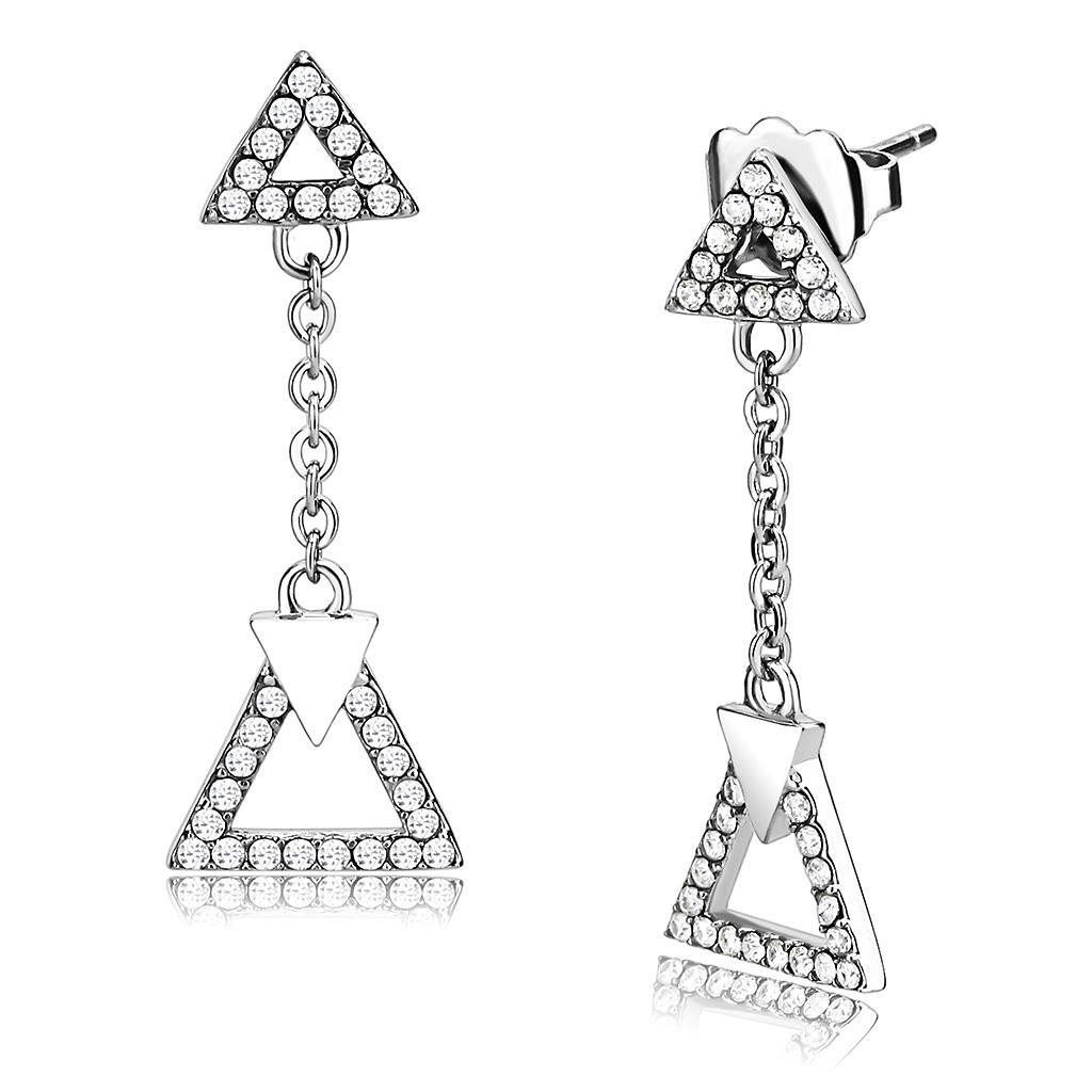JCE068 High polished (no plating) Stainless Steel Earrings with AAA Grade CZ in Clear