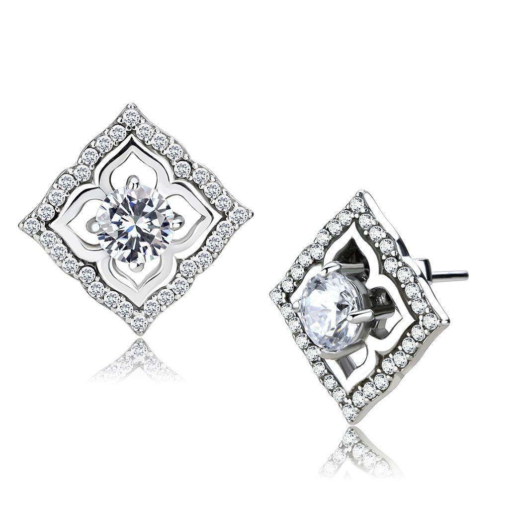 JCE073 High polished (no plating) Stainless Steel Earrings with AAA Grade CZ in Clear