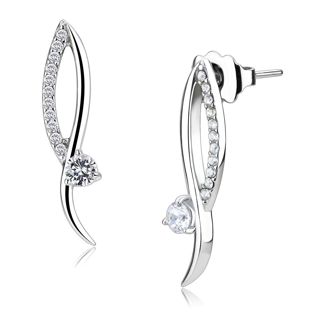 JCE080 High polished (no plating) Stainless Steel Earrings with AAA Grade CZ in Clear