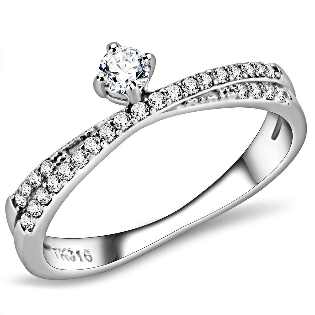 JCE153 High polished (no plating) Stainless Steel Ring with AAA Grade CZ in Clear