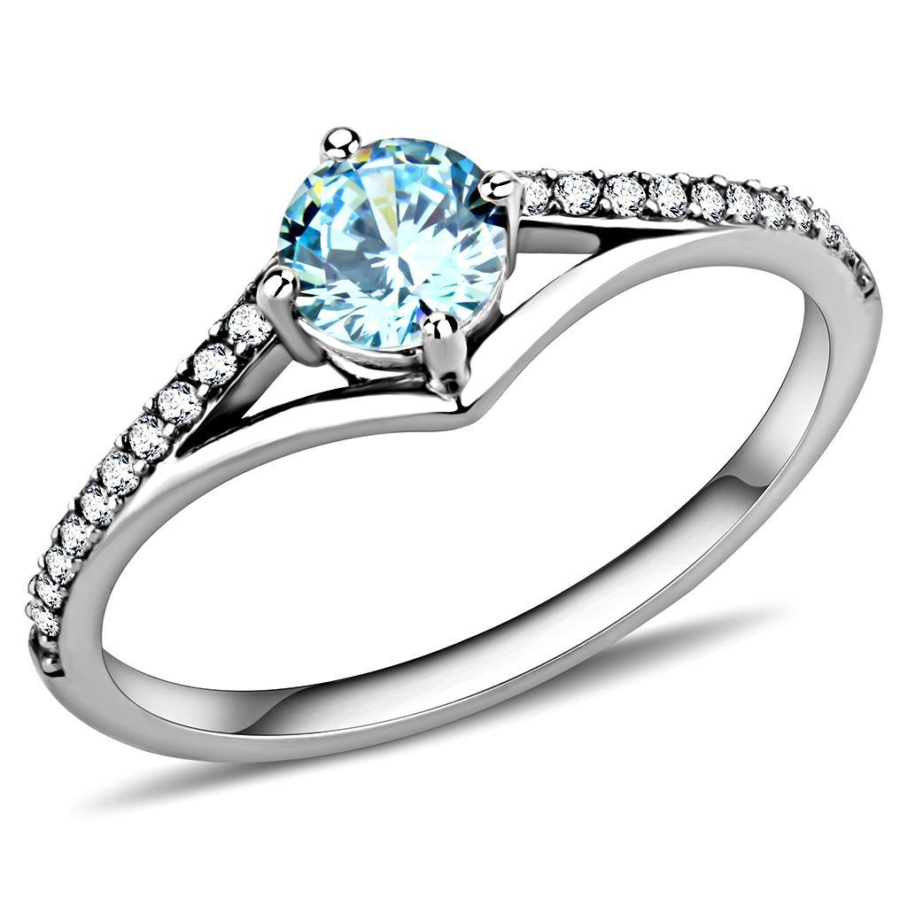JCE167 High polished (no plating) Stainless Steel Ring with AAA Grade CZ  in Sea Blue