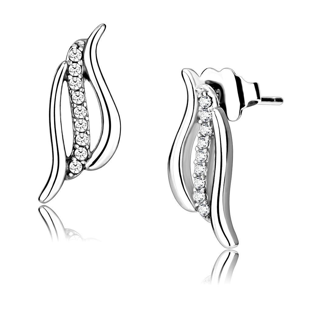 JCE175 High polished (no plating) Stainless Steel Earrings with AAA Grade CZ in Clear