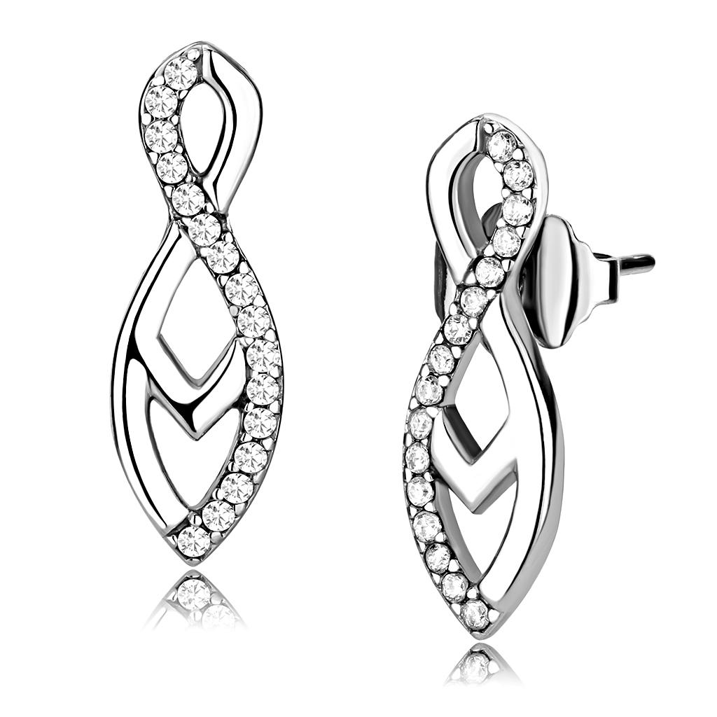 JCE176 High polished (no plating) Stainless Steel Earrings with AAA Grade CZ in Clear