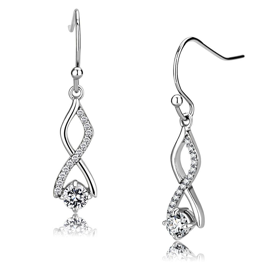 JCE181 High polished (no plating) Stainless Steel Earrings with AAA Grade CZ in Clear