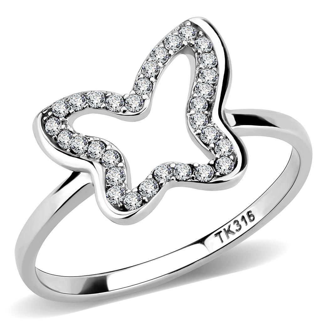 JCE241 High polished (no plating) Stainless Steel Ring with AAA Grade CZ in Clear
