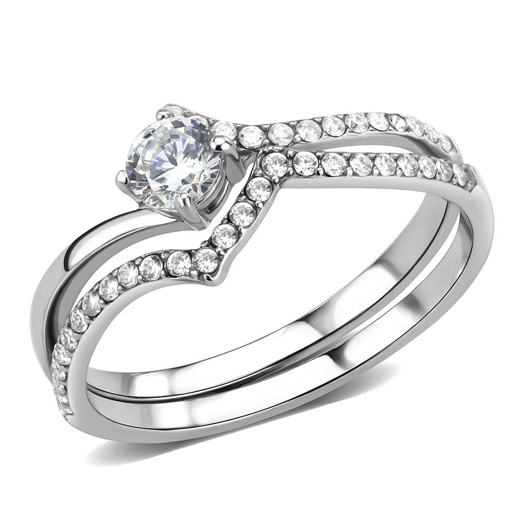 JCE350 High polished (no plating) Stainless Steel Ring with AAA Grade CZ in Clear