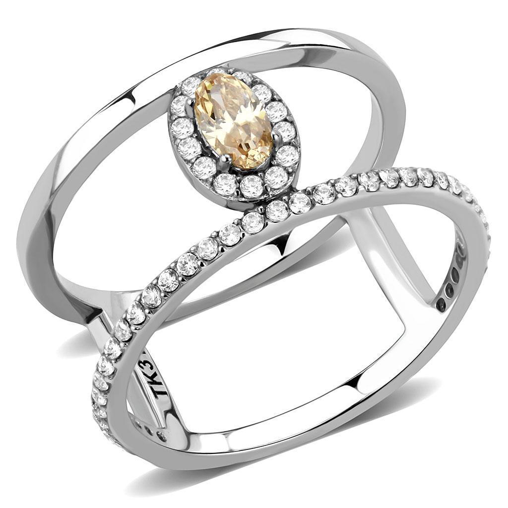 JCE352 High polished (no plating) Stainless Steel Ring with AAA Grade CZ in Champagne