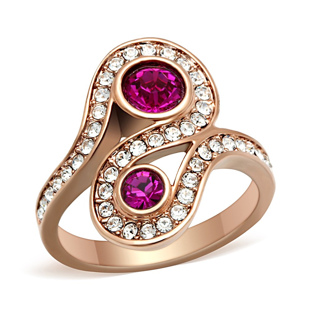 JCE153 IP Rose Gold(Ion Plating) Brass Ring with Top Grade Crystal in Fuchsia