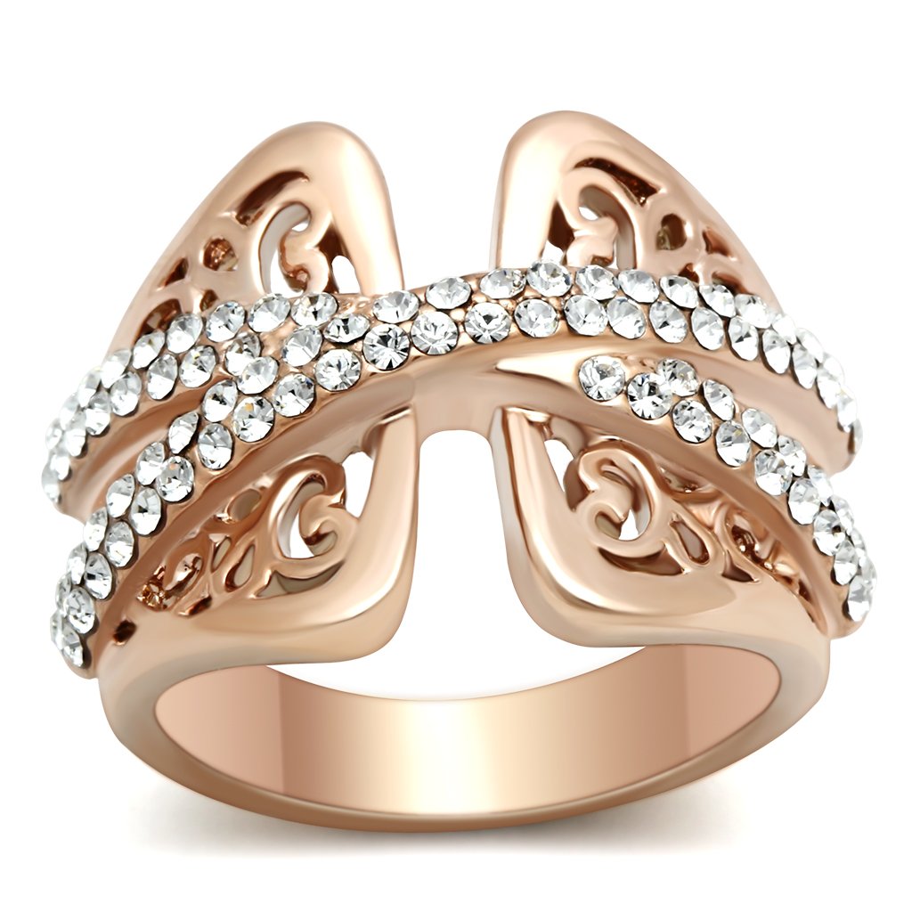 JCE156 IP Rose Gold(Ion Plating) Brass Ring with Top Grade Crystal in Clear