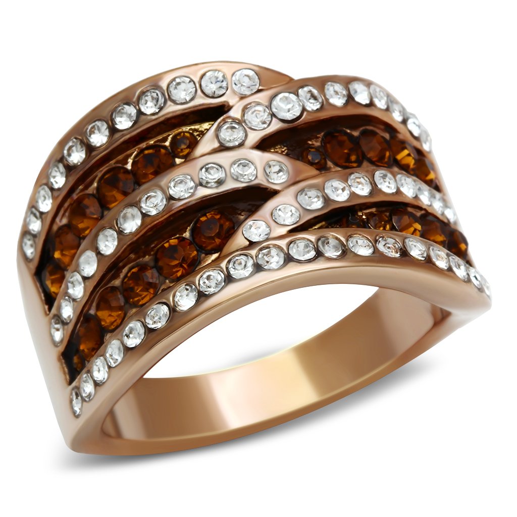 JCE217 IP Rose Gold(Ion Plating) Brass Ring with Top Grade Crystal in Smoked Quartz
