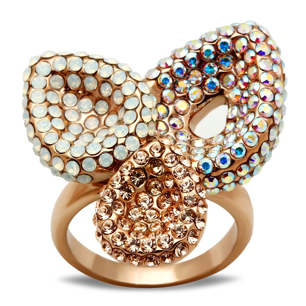 JCE219 IP Rose Gold(Ion Plating) Brass Ring with Top Grade Crystal in Multi Color