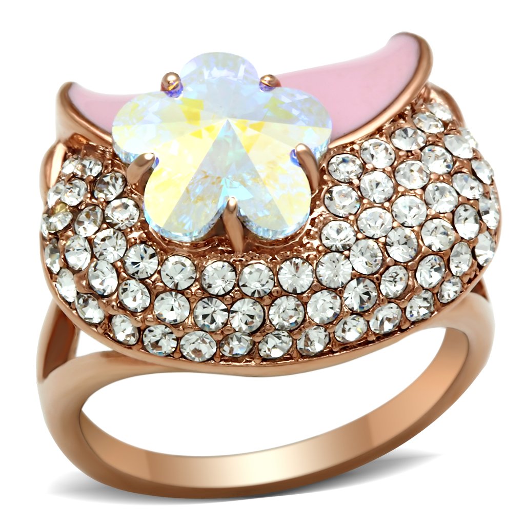 JCE220 IP Rose Gold(Ion Plating) Brass Ring with Top Grade Crystal in Clear