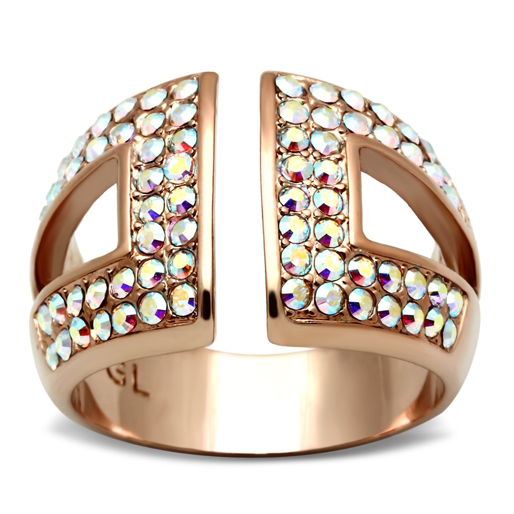 JCE222 IP Rose Gold(Ion Plating) Brass Ring with Top Grade Crystal in Aurora Borealis (Rainbow Effect)