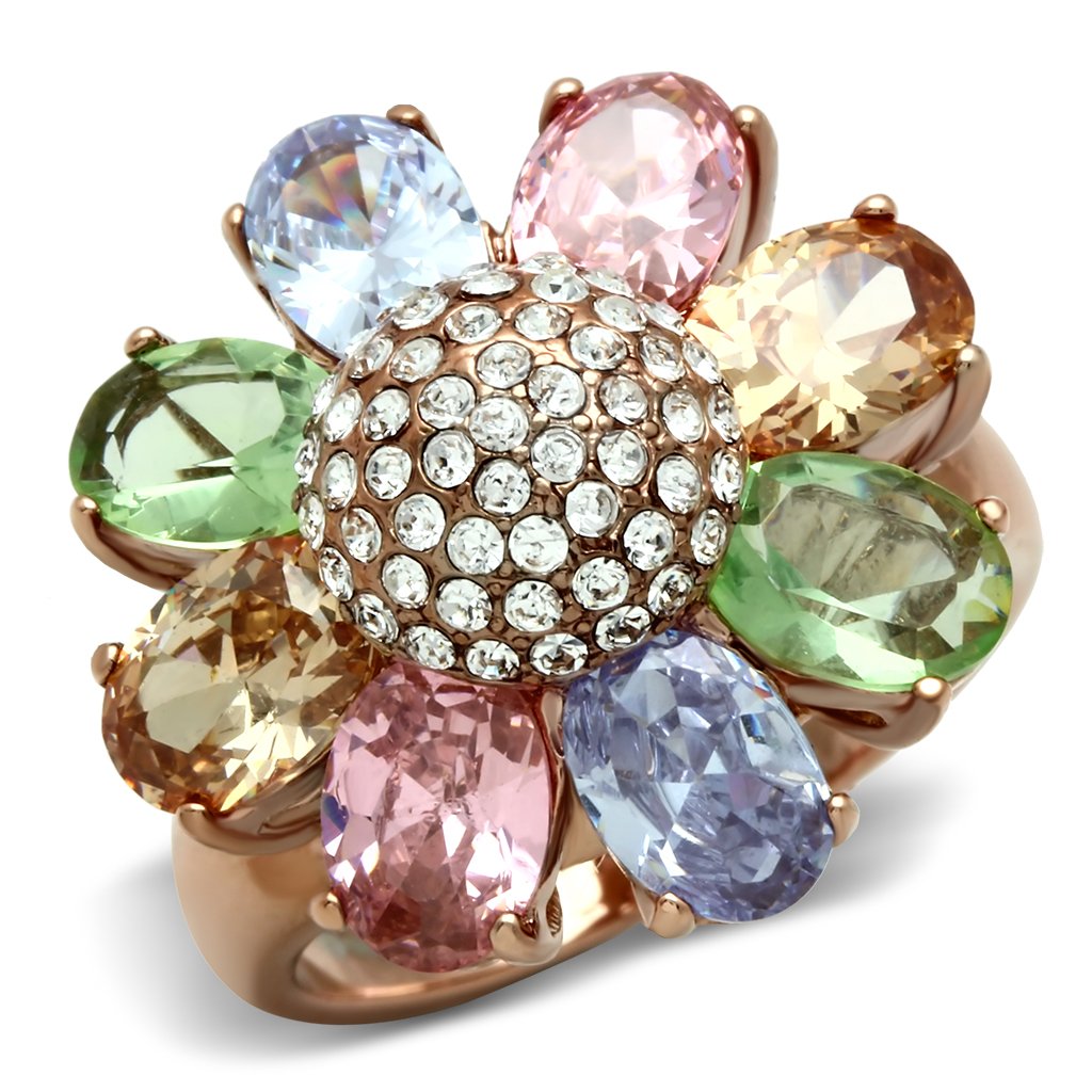 JCE224 IP Rose Gold(Ion Plating) Brass Ring with AAA Grade CZ in Multi Color