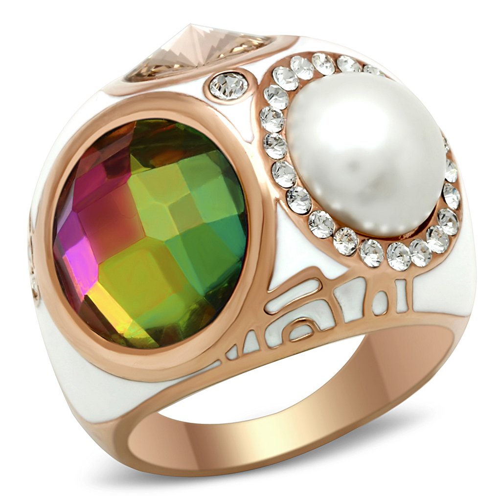 JCE248 IP Rose Gold(Ion Plating) Brass Ring with Synthetic Synthetic Glass in Multi Color