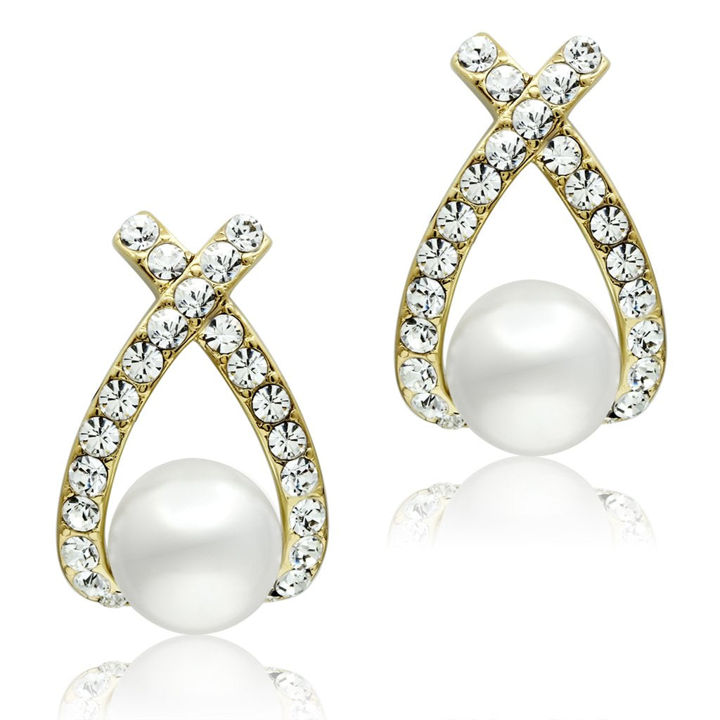 JCE251 IP Gold(Ion Plating) Brass Earrings with Synthetic Pearl in White
