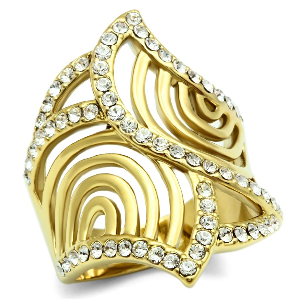 JCE296 IP Gold(Ion Plating) Brass Ring with Top Grade Crystal in Clear
