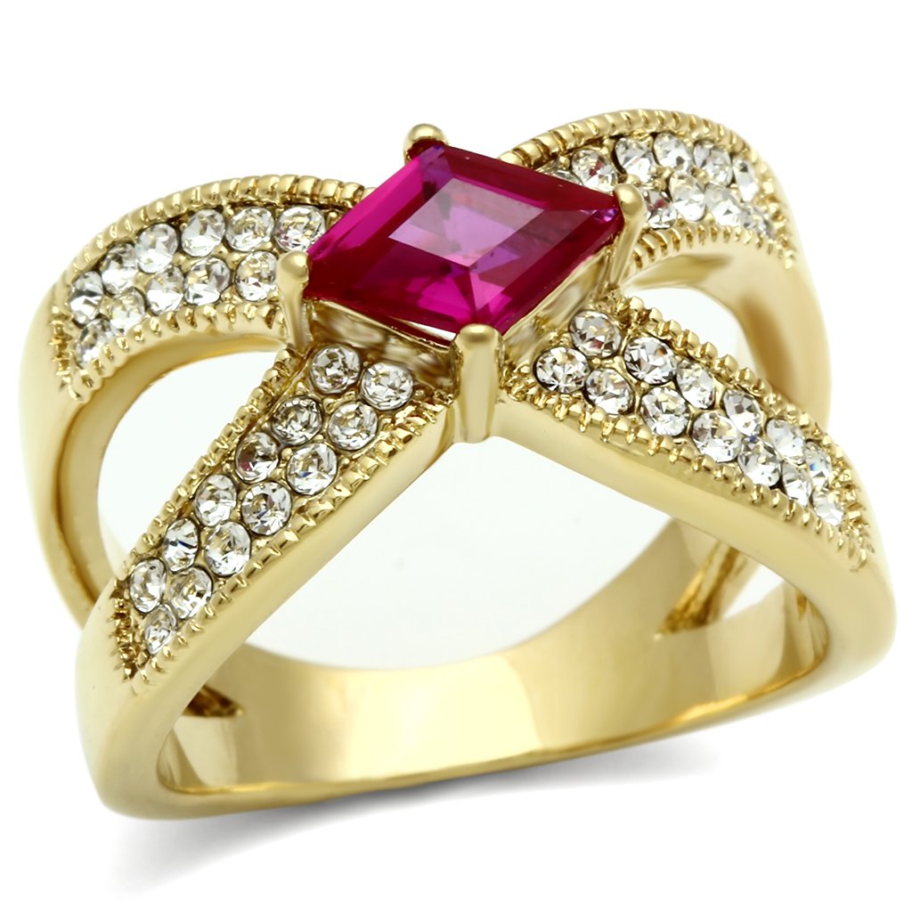 JCE298 IP Gold(Ion Plating) Brass Ring with AAA Grade CZ in Ruby