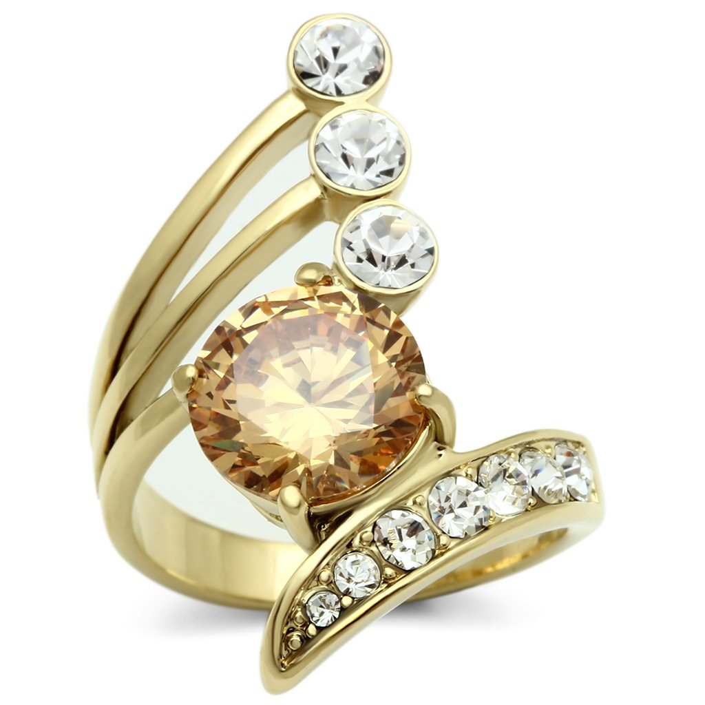 JCE300 IP Gold(Ion Plating) Brass Ring with AAA Grade CZ in Champagne