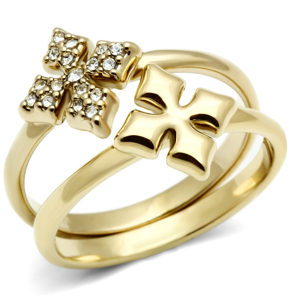 JCE319 IP Gold(Ion Plating) Brass Ring with Top Grade Crystal in Clear