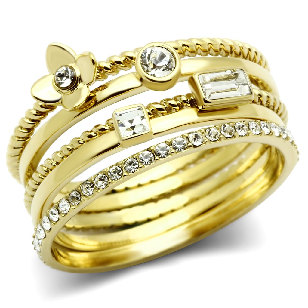 JCE322 IP Gold(Ion Plating) Brass Ring with Top Grade Crystal in Clear