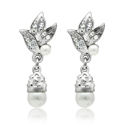 JCE1992 Rhodium White Metal Earrings with Synthetic Pearl in White