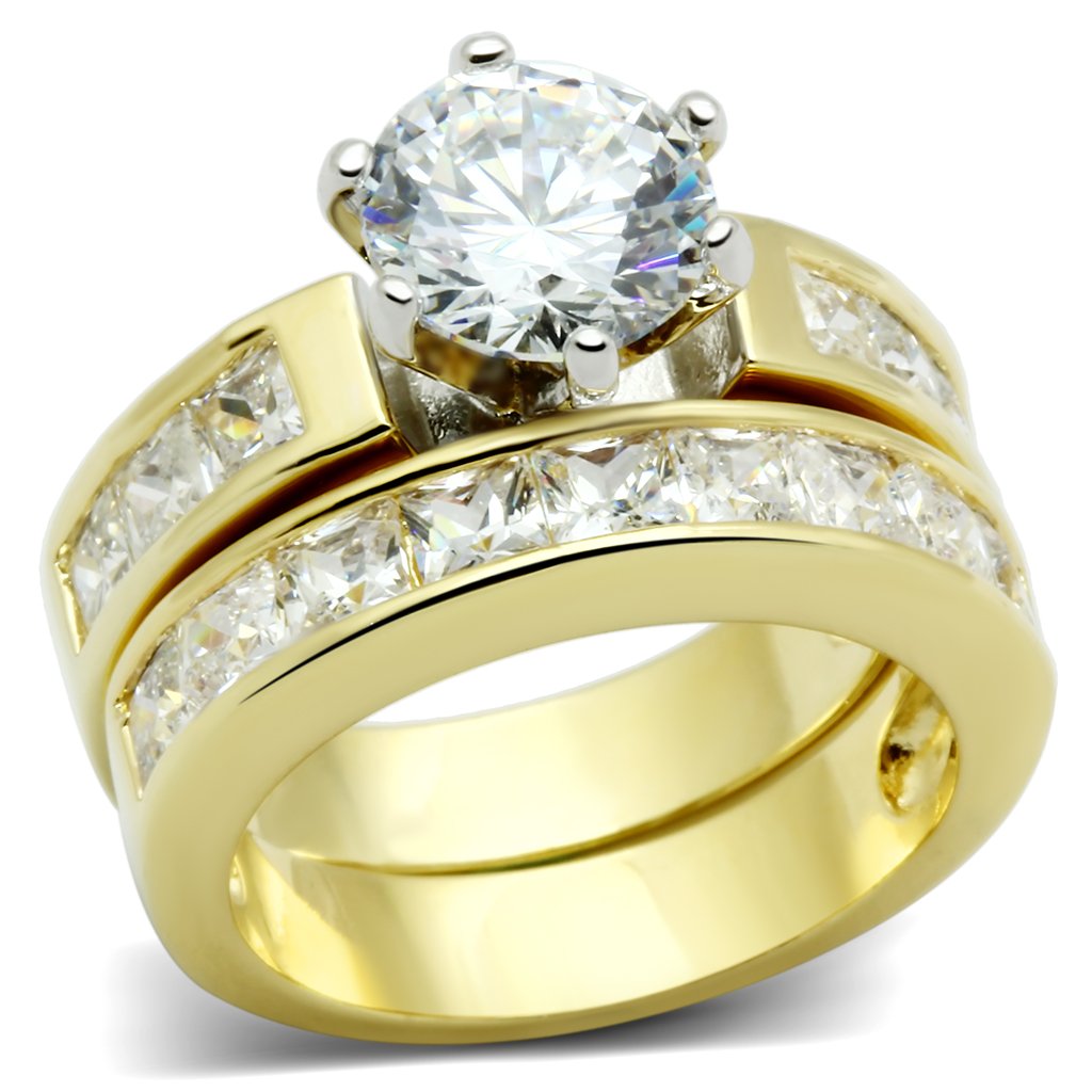 JCE2603 Gold+Rhodium Brass Ring with AAA Grade CZ in Clear