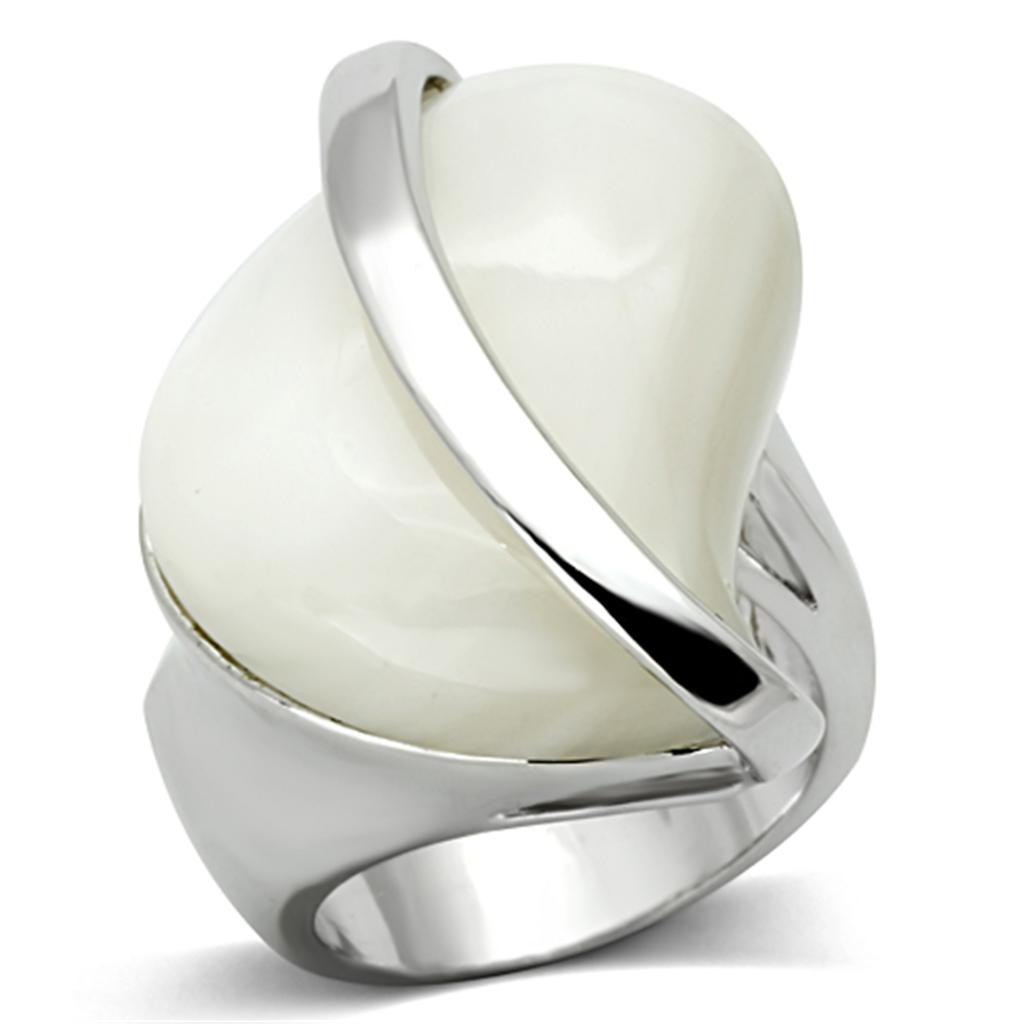 JCE2944 Rhodium Brass Ring with Synthetic Synthetic Stone in White