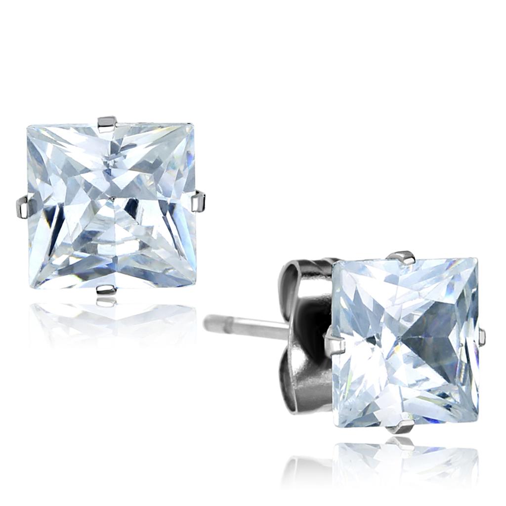 JCE3315 High polished (no plating) Stainless Steel Earrings with AAA Grade CZ in Clear