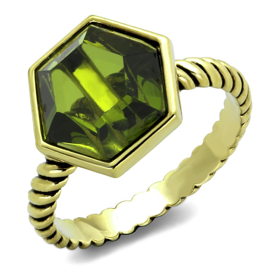 JCE3544 Gold Brass Ring with AAA Grade CZ in Olivine color