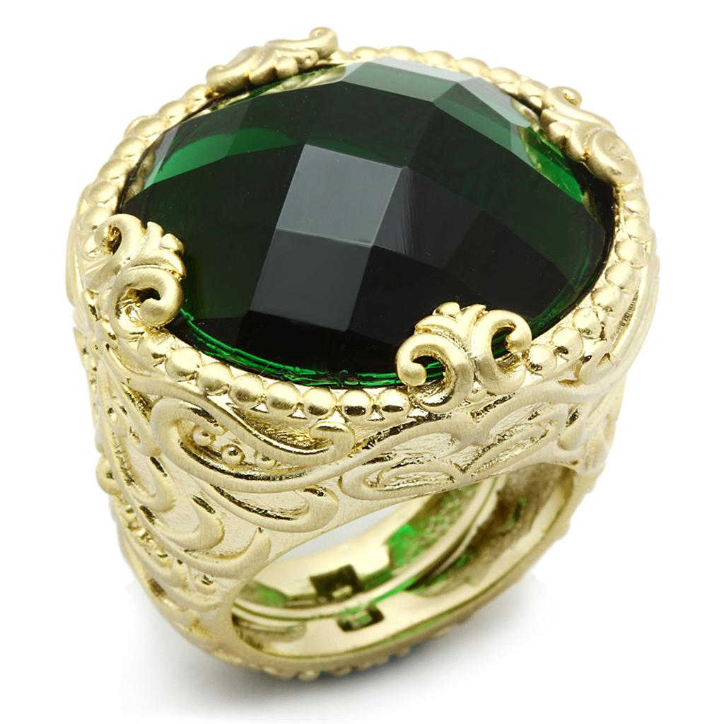 JCE3675 Gold & Brush Brass Ring with Synthetic Synthetic Glass in Emerald