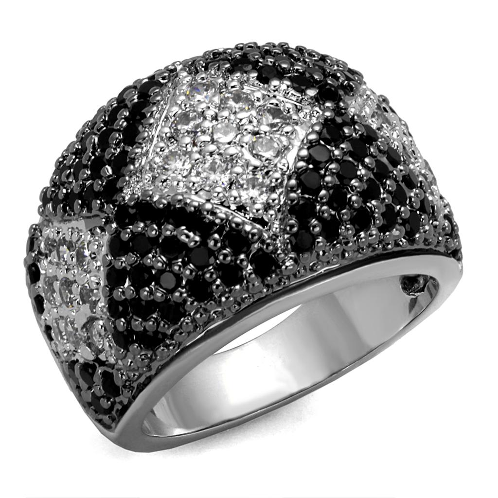 JCE3738 Rhodium + Ruthenium Brass Ring with AAA Grade CZ in Black Diamond