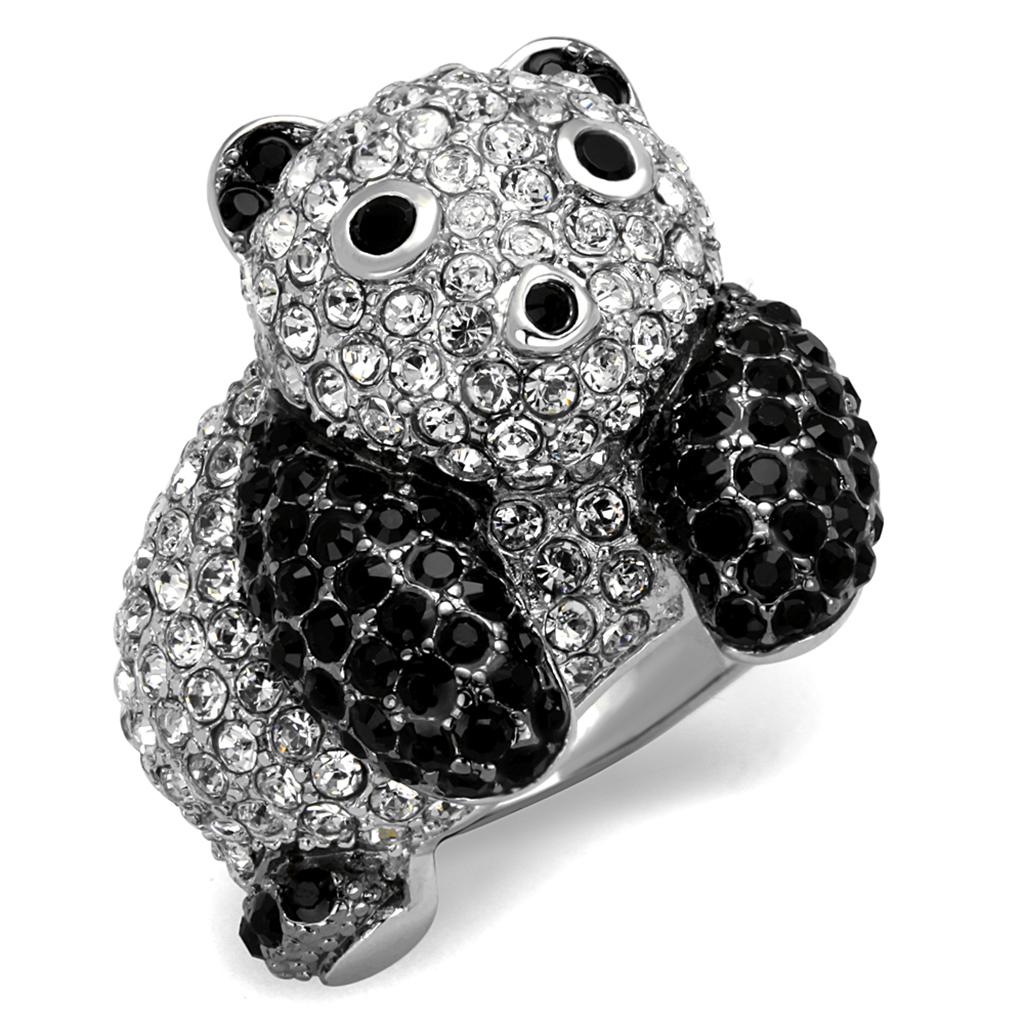 JCE3740 Rhodium + Ruthenium Brass Ring with Synthetic Synthetic Glass in Jet