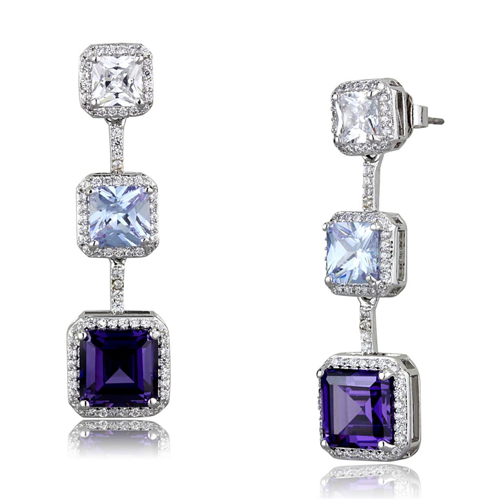 JCE3754 Rhodium Brass Earrings with AAA Grade CZ in Amethyst