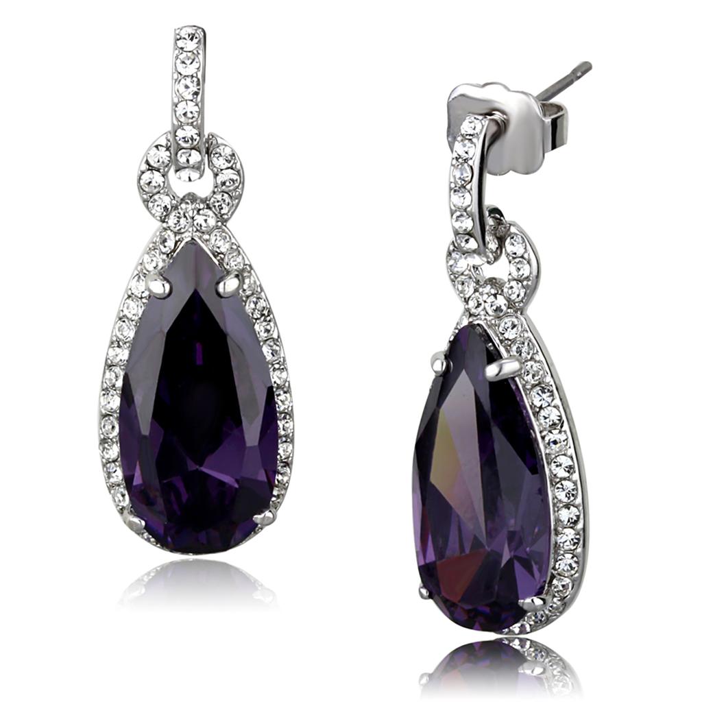 JCE3756 Rhodium Brass Earrings with AAA Grade CZ in Amethyst