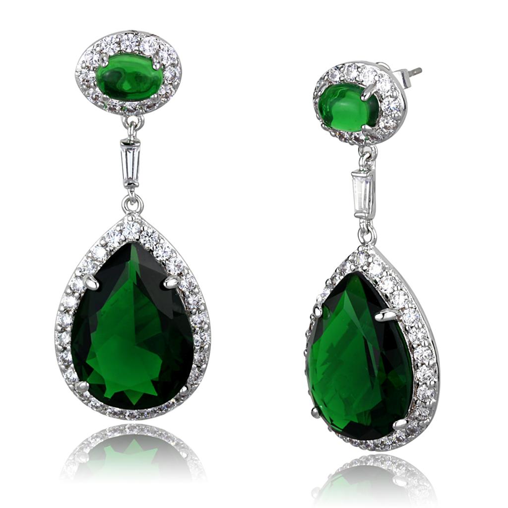 JCE3762 Rhodium Brass Earrings with Synthetic Synthetic Glass in Emerald