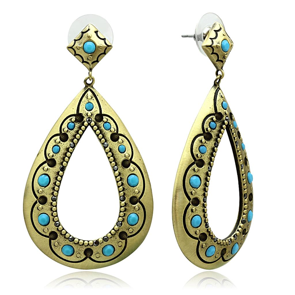 JCE3850 Antique Copper Brass Earrings with Top Grade Crystal in Turquoise
